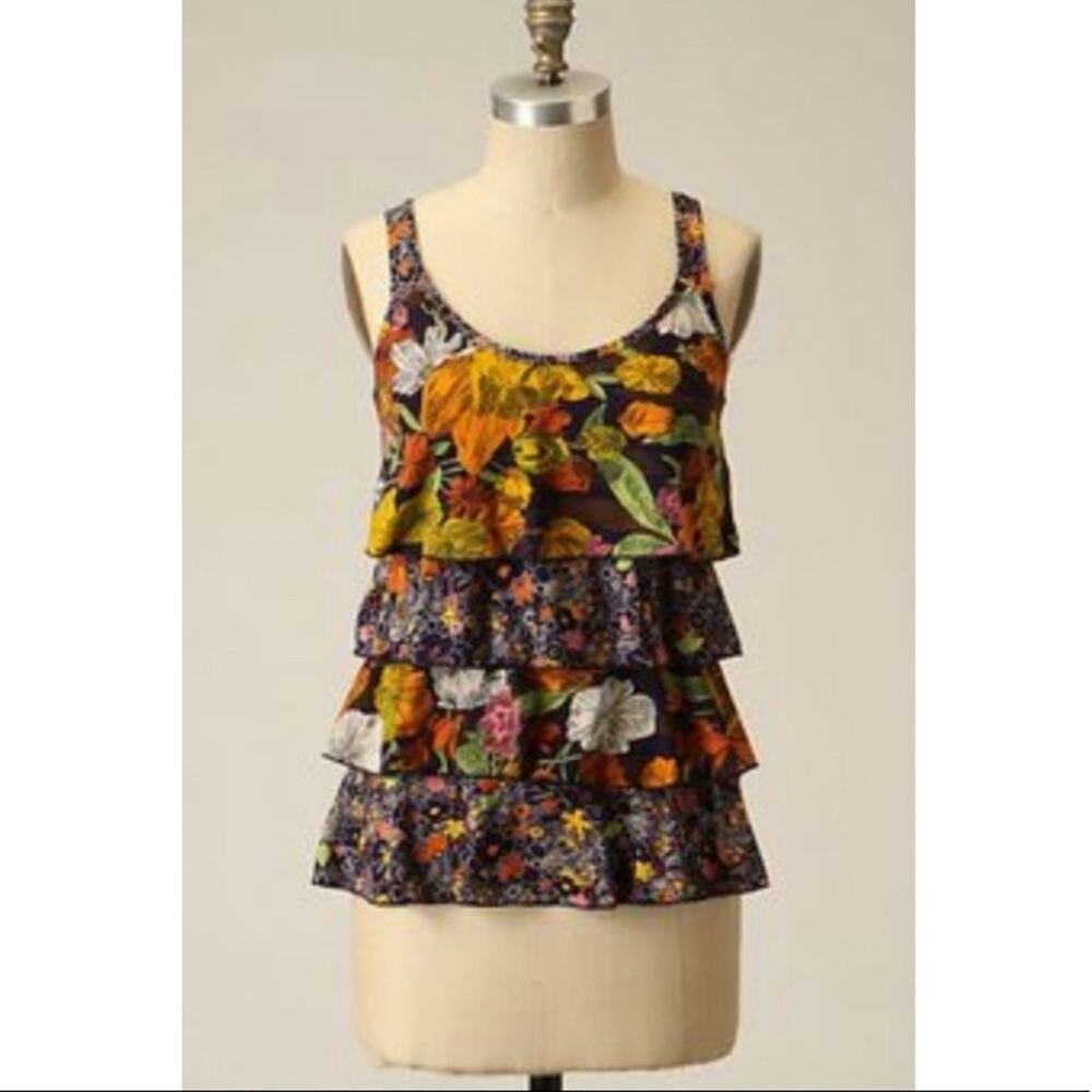 Anthropologie Western Wear Organized Chaos Ruffle Tiered Black/Orange Tank